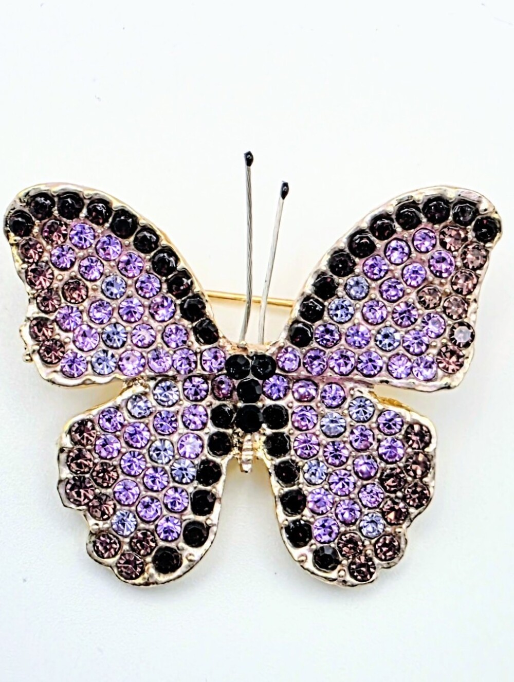 Purple Rhinestone Butterfly Brooch Gold Tone Lavender Crystal Statement Pin Gift